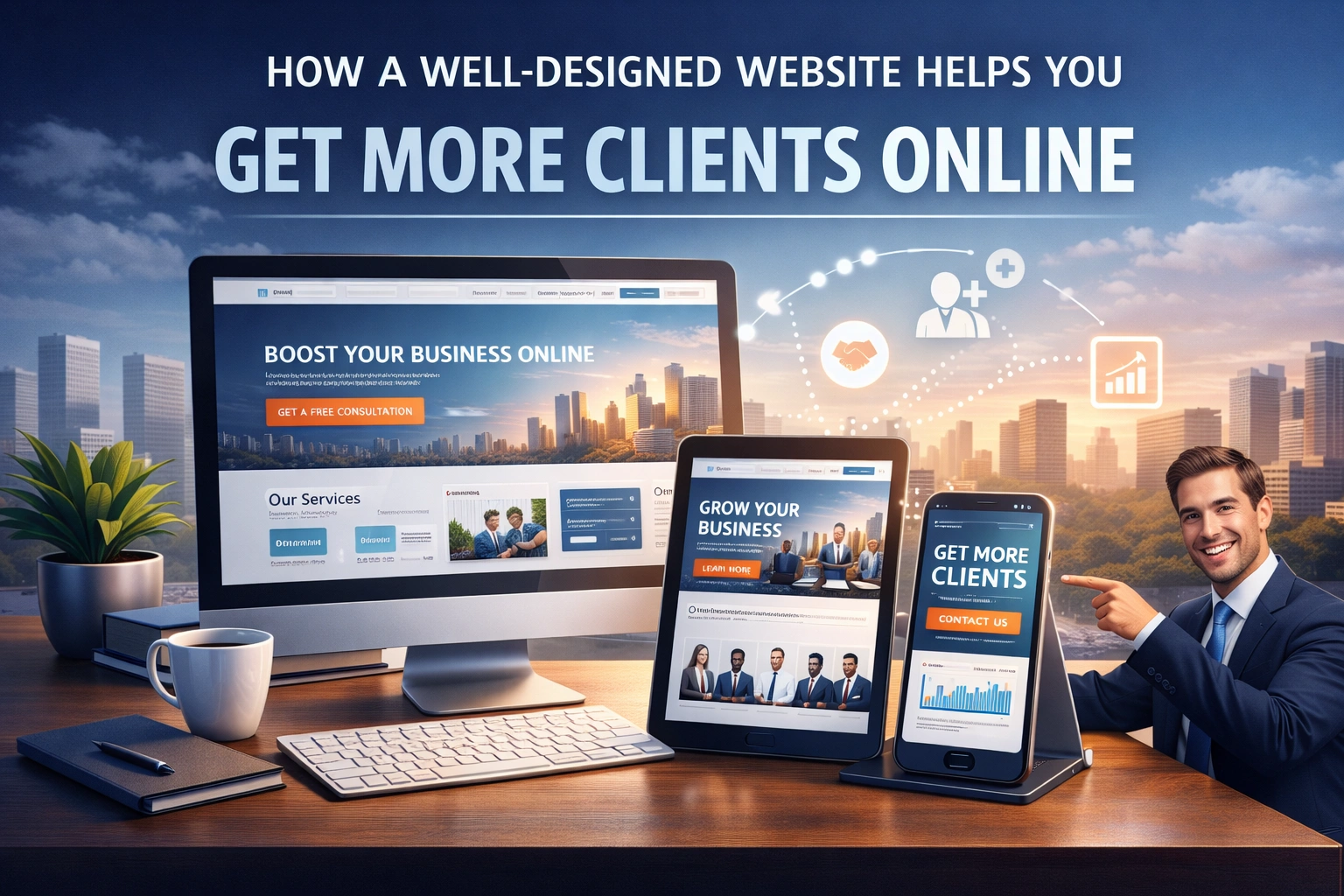 Well-designed business website displayed on desktop, tablet, and mobile devices to attract more online clients