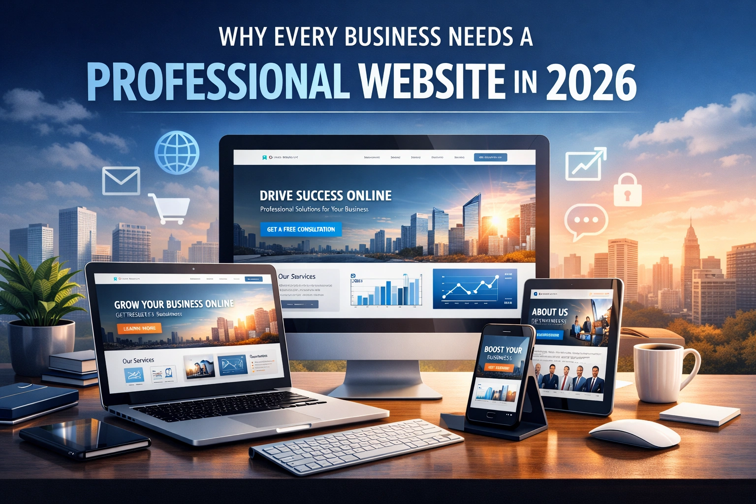 Professional business website design displayed on desktop, tablet, and mobile devices in 2026